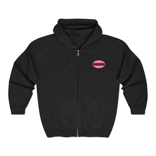 Black hoodie with a pink and white logo on a white background the bean grind streetwear