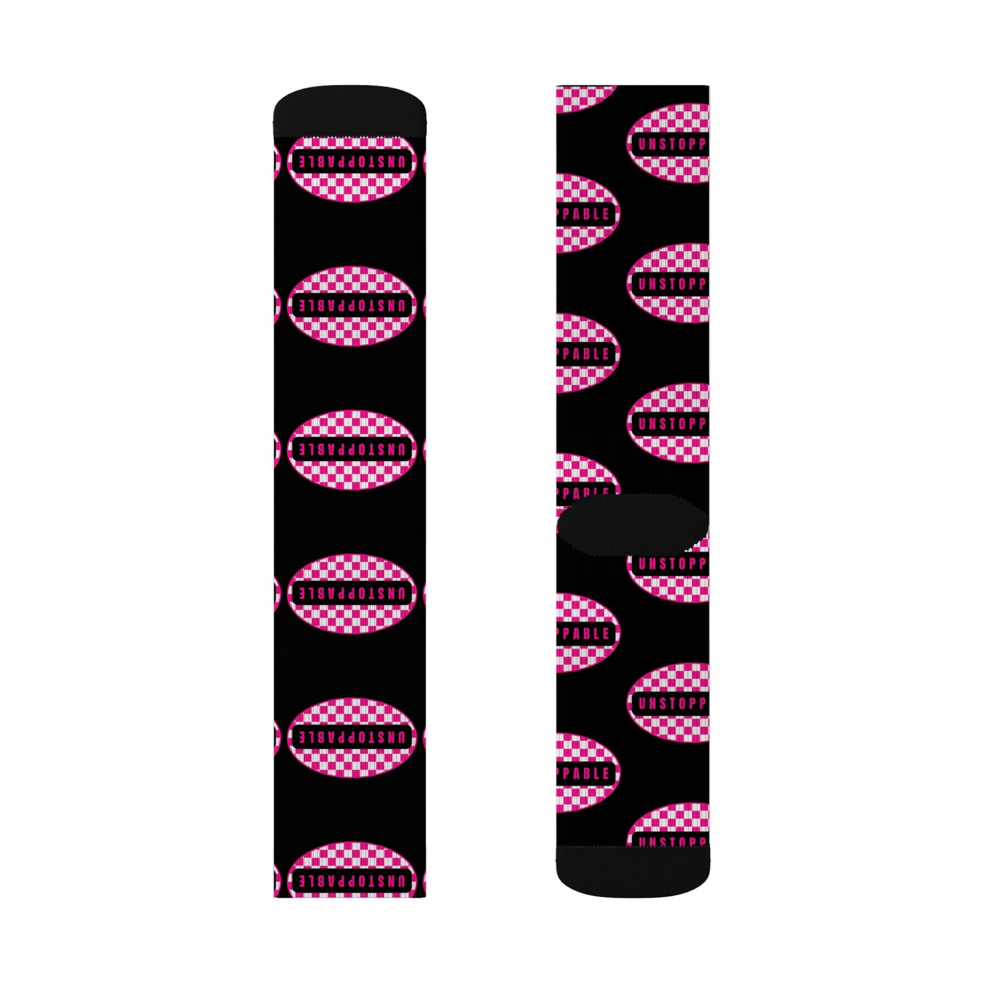 Unstoppable Black & Hot Pink Retro Crew Socks, All Over Print