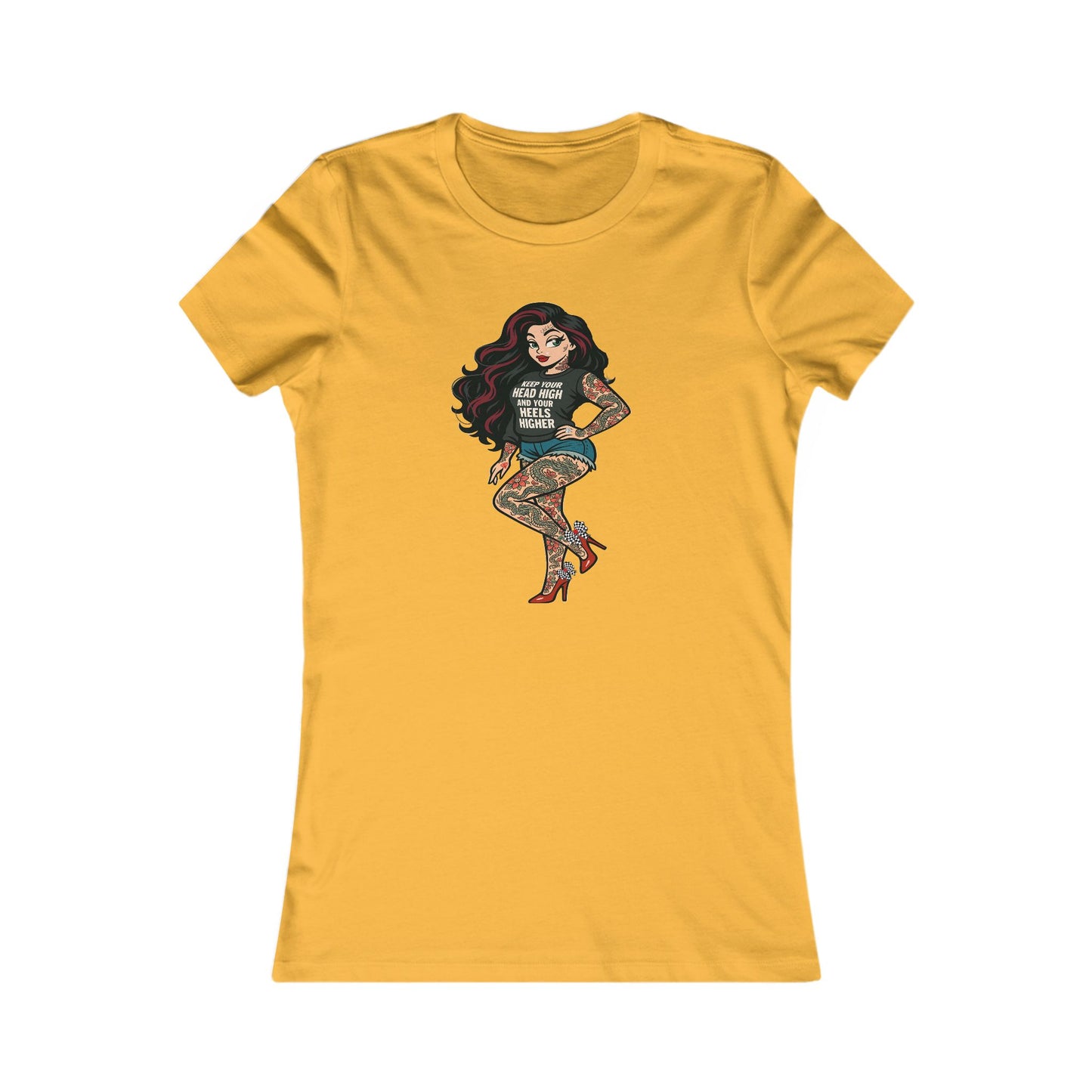 Yellow t-shirt with a graphic of a tattooed woman on a white background the bean grind
