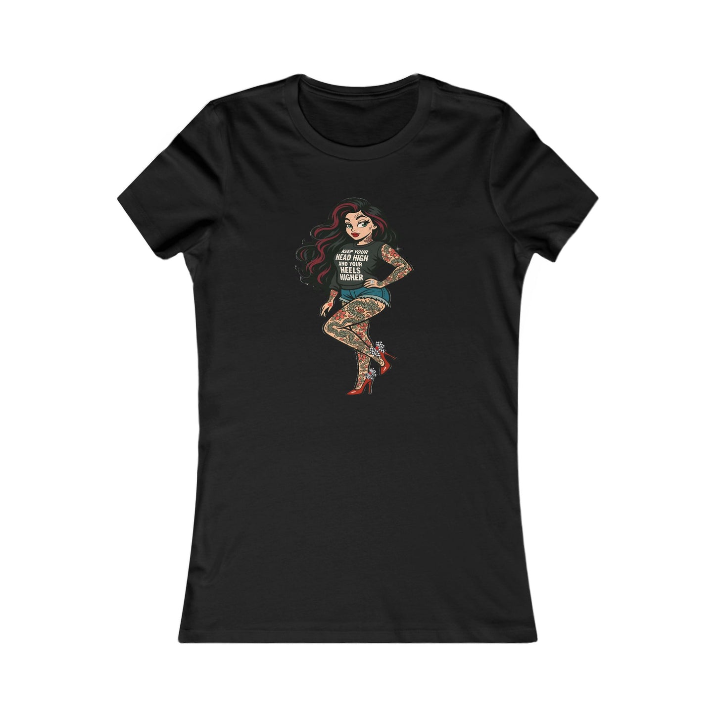 Black t-shirt with a graphic of a tattooed woman on a white background the bean grind
