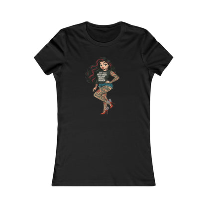 Black t-shirt with a graphic of a tattooed woman on a white background the bean grind
