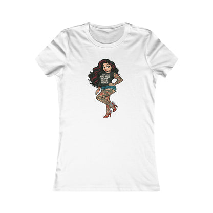 White t-shirt with a graphic of a tattooed woman on a white background the bean grind pin up girl vintage style soft fitted tee shirts from the bean grind festering ionic recovery warrior SCARLITT. Soft and sexy trendy tee for women’s fashion 2026