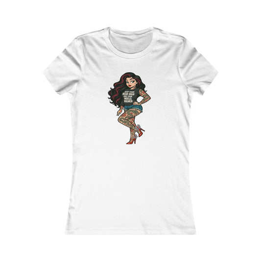 White t-shirt with a graphic of a tattooed woman on a white background the bean grind pin up girl vintage style soft fitted tee shirts from the bean grind festering ionic recovery warrior SCARLITT. Soft and sexy trendy tee for women’s fashion 2026