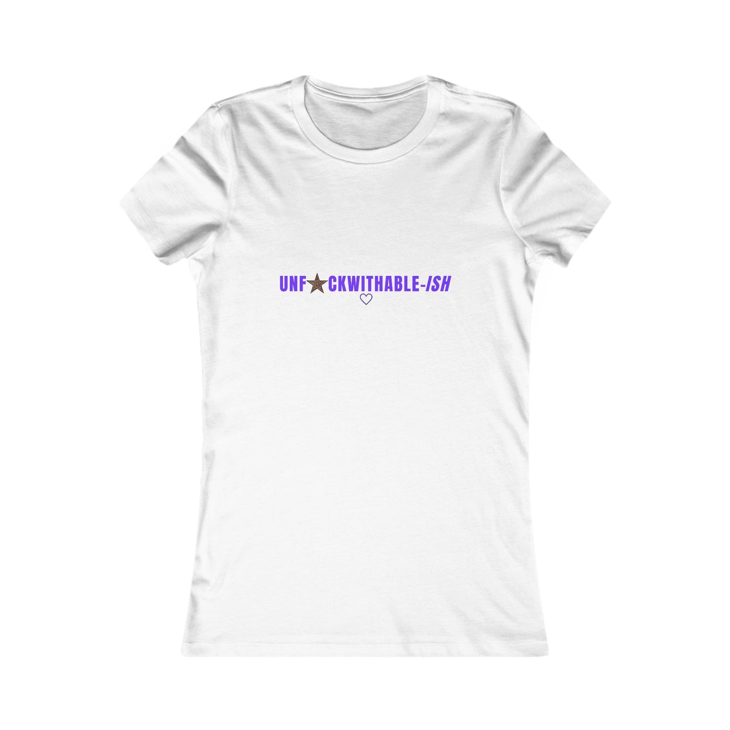 White t-shirt with purple text on a white background