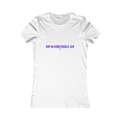 White t-shirt with purple text on a white background
