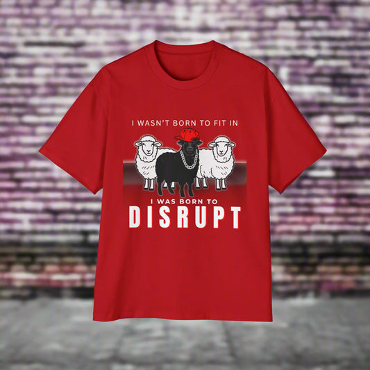 Red t-shirt with graphic of sheep and text 'I wasn't born to fit in, I was born to disrupt' on a white background