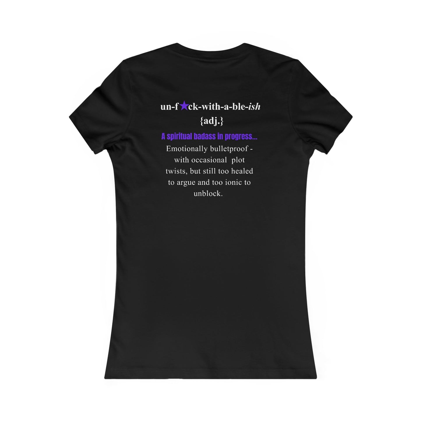 Black t-shirt with text design on a white background