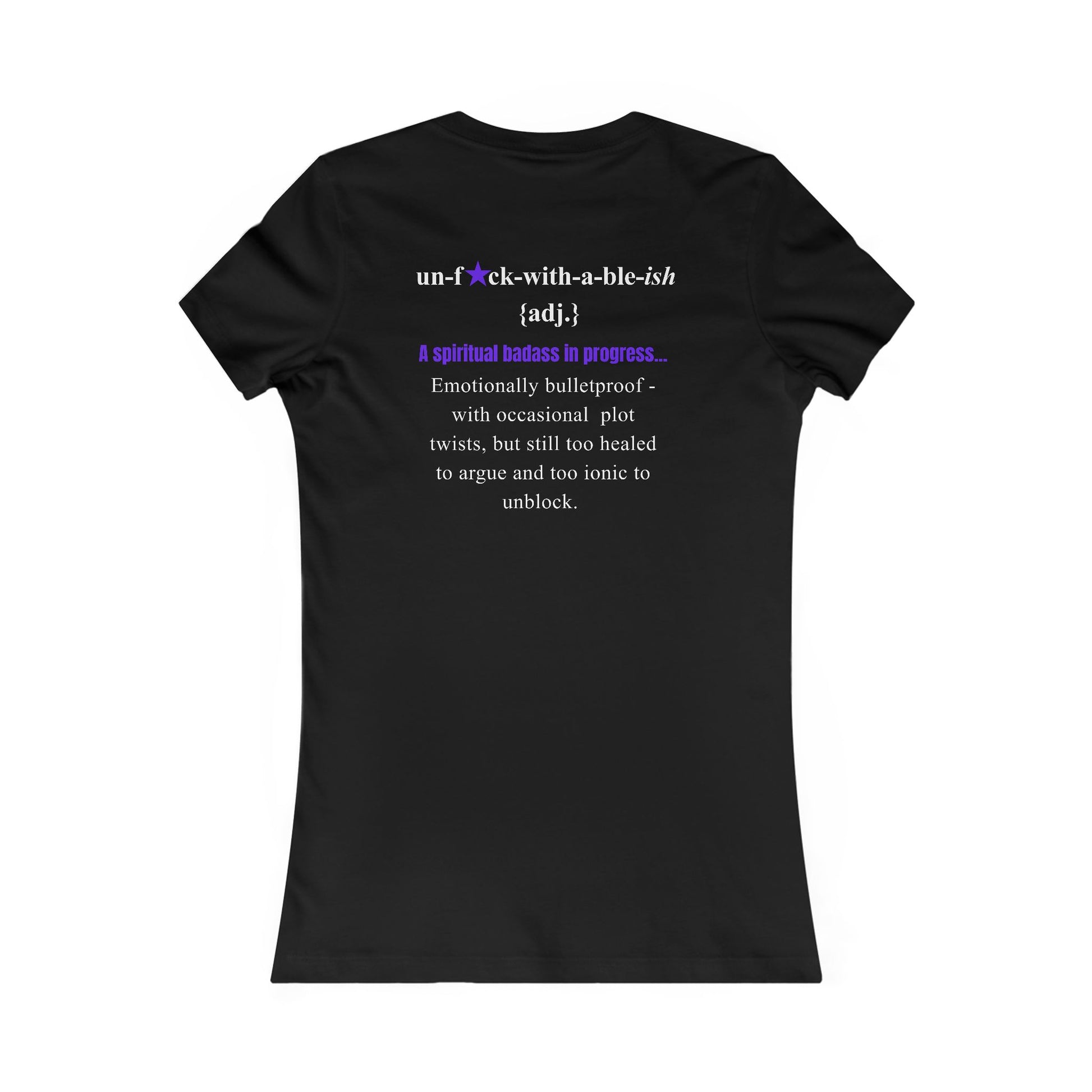 Black t-shirt with text design on a white background