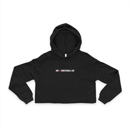Black cropped hoodie with text on a white background