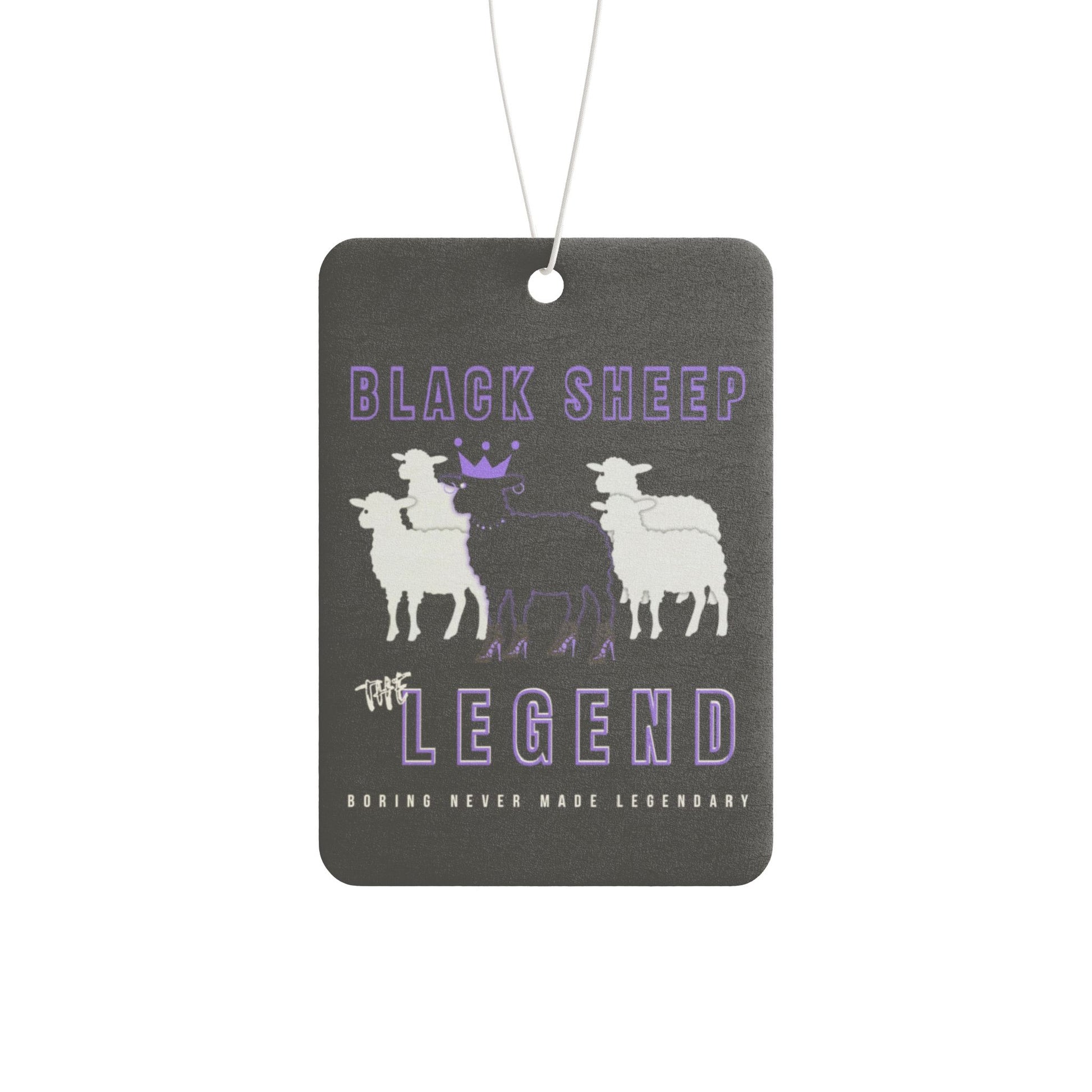 Black air freshener with white sheep illustration and text on a white background