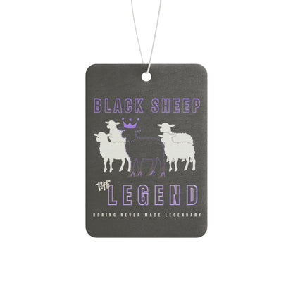 Black air freshener with white sheep illustration and text on a white background