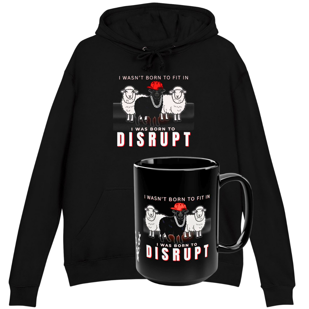 Black Sheep Born to Disrupt Bundle, Streetwear Terry Cloth Hoodie + Mug