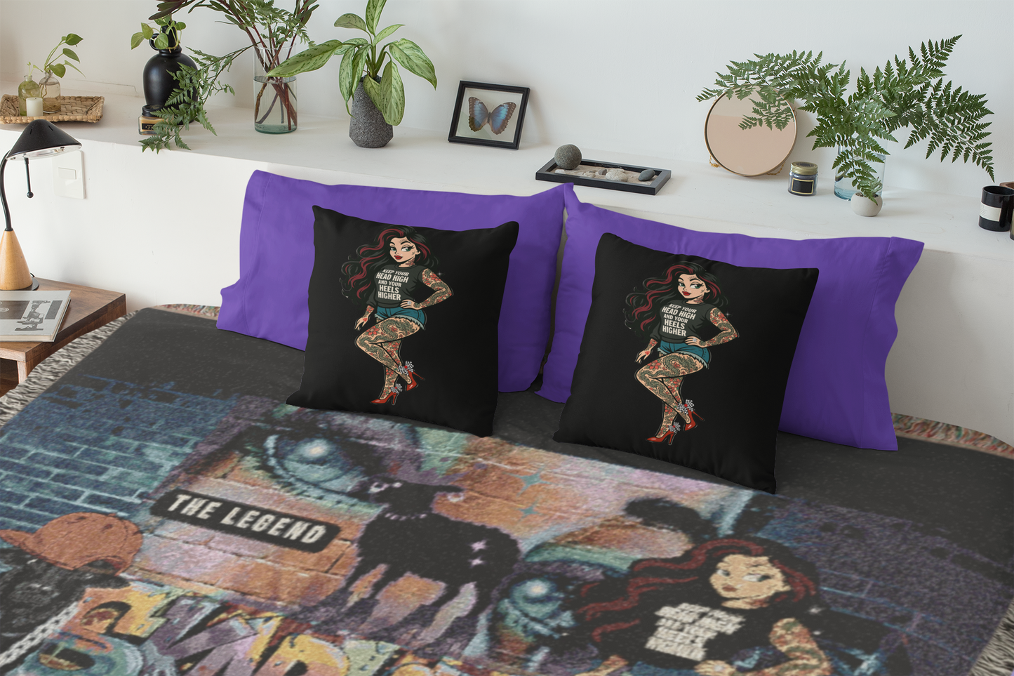 Vibrant Throw Pillow, Skarlitt the Tattooed Pin-Up